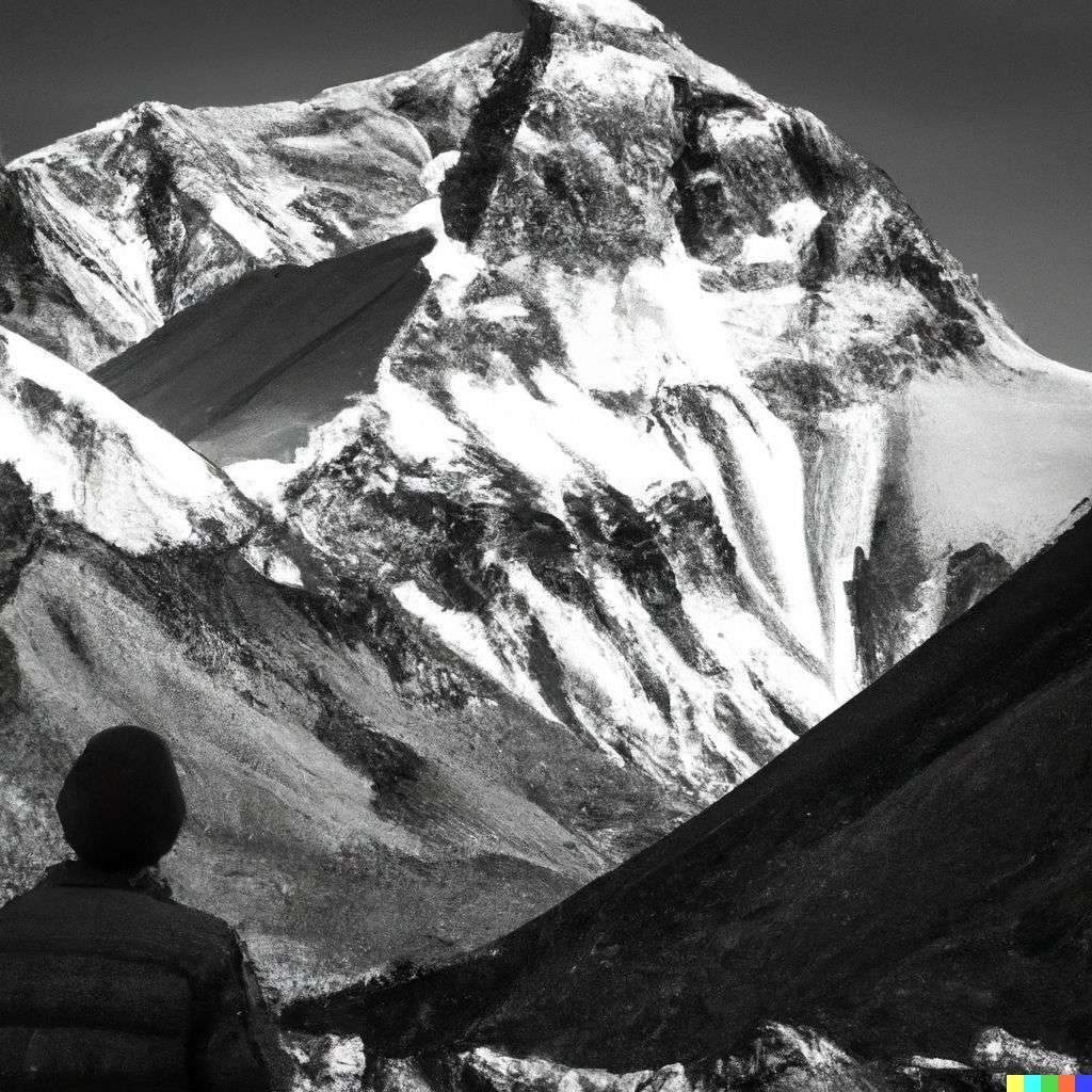 someone gazing at Mount Everest, photograph, black and white